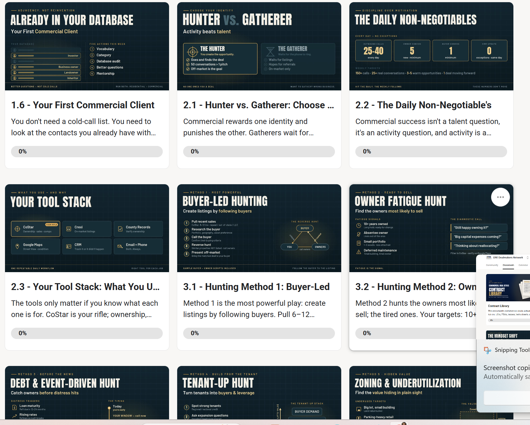 CRE training modules on your first commercial client, Hunter vs. Gatherer, daily routines, CoStar and Crexi tool stack, buyer-led hunting and owner fatigue.