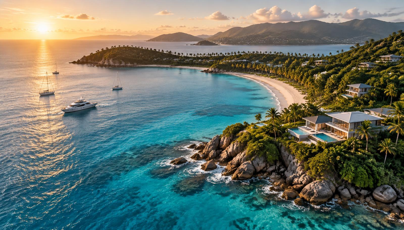 Aerial view of a tropical bay with luxury waterfront villas and anchored yachts